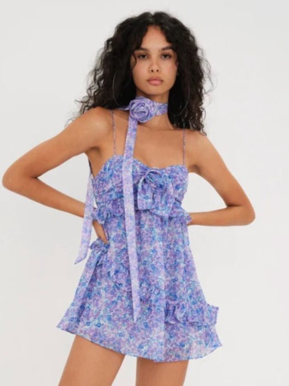 For Love And Lemons Debbie Lavender Floral Ruffle Mini Dress Size M